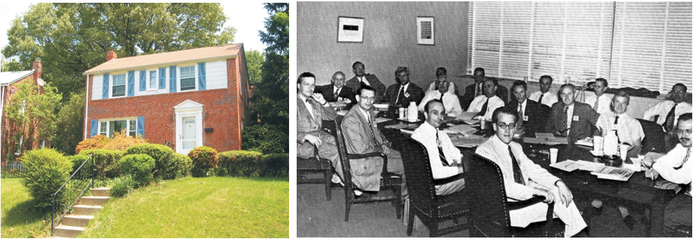 Left: The house of physicist James A. and Abigail Van Allen in Silver Spring, Maryland. Credits: Courtesy Physics Today. Right: First science planning meeting for a proposed third International Polar Year, held in Inyokern, California, in May 1950.