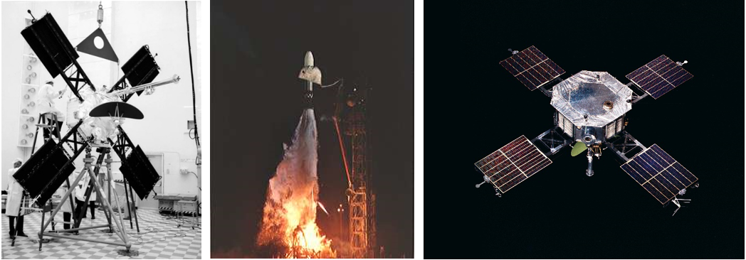 Left: Engineers at Cape Kennedy Air Force Station in Florida, now Cape Canaveral Space Force Station, prepare Mariner 5 for launch. Middle: Liftoff of Mariner 5 from Launch Pad 12. Right: Image of the Mariner 5 spacecraft. Credits: NASA