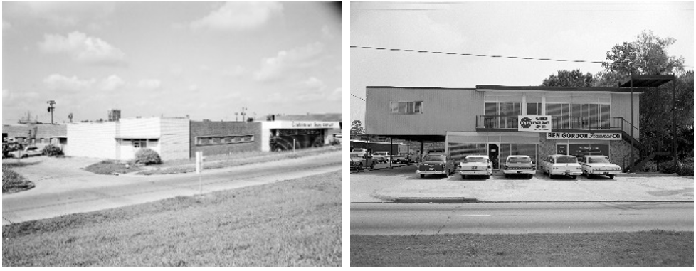 Left: The Minneapolis Honeywell Building, the first interim home of the center’s public affairs office while construction continued at the Clear Lake site. Right: The Peachey Building, the second interim home for public affairs. Credits: NASA