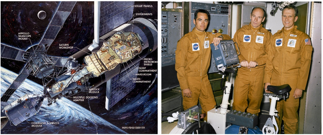 Left: Cutaway illustration from 1972 of the Skylab space station showing its main components. Right: Astronauts Robert L. Crippen, left, Dr. William E. Thornton, and Karol J. “Bo” Bobko, the Skylab Medical Experiment Altitude Test crew. Credits: NASA