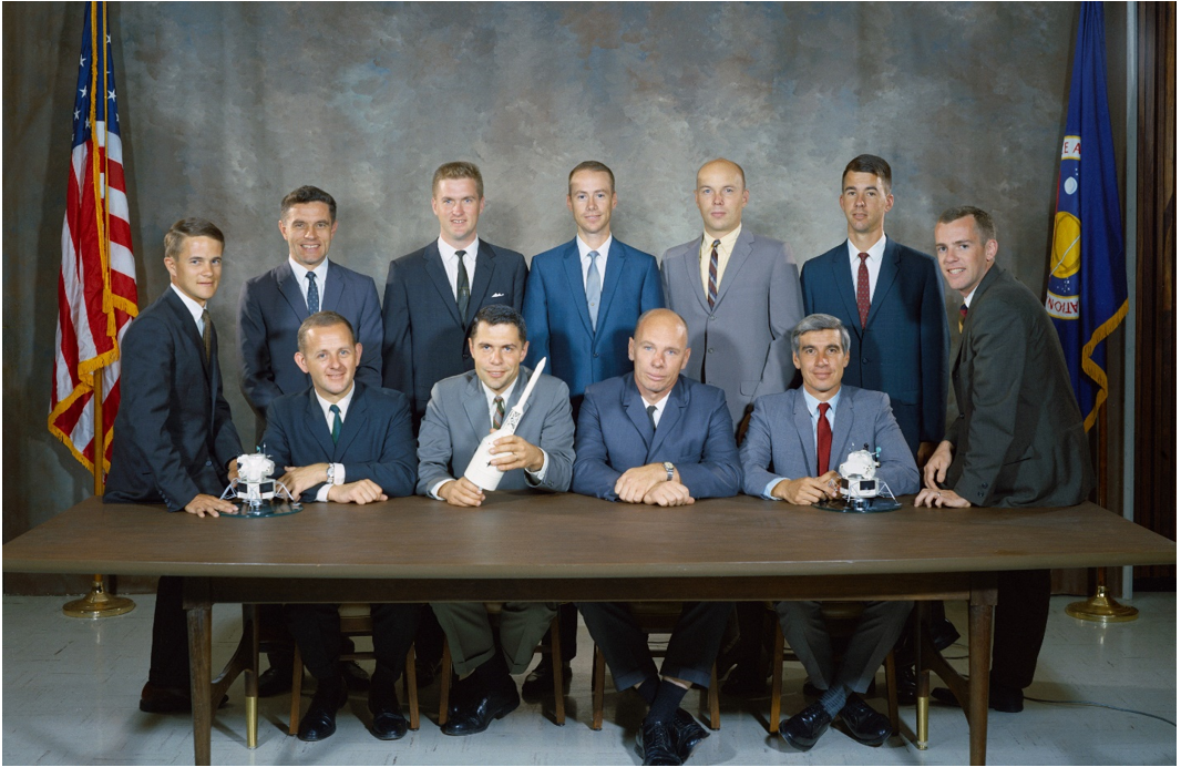 The Group 6 scientist-astronauts: front row, Philip K. Chapman, left, Robert A.R. Parker, William E. Thornton, John A. Llewellyn; back row, Joseph P. Allen, left, Karl G. Henize, Anthony W. England, Donald L. Holmquest, F. Story Musgrave, William B. Lenoir, and Brian T. O’Leary. Credits: NASA