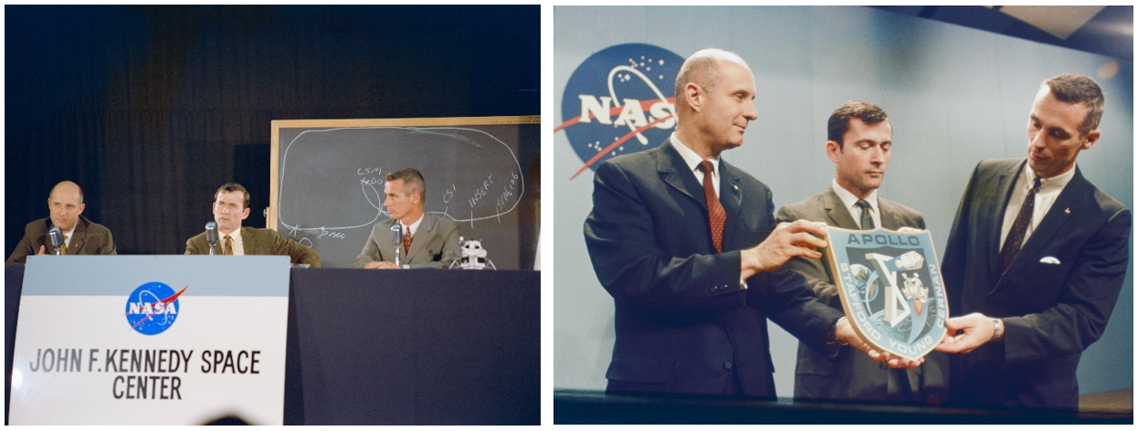   Left: From left to right, Apollo 10 astronauts Thomas Stafford, John Young and Eugene Cernan participate in crew press conference at Kennedy. Right: Stafford, Young and Cernan pose with their mission patch