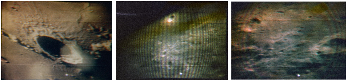  Three stills of the lunar surface from the TV downlink during Apollo 12’s first orbit around the Moon.  Left: Crater Eratosthenes. Middle and right: Two view of the Sea of Serenity.