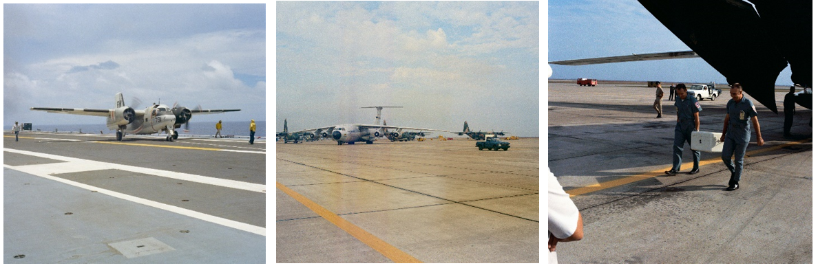 Left: A C-2 Greyhound aircraft takes off from the deck of Hornet carrying the first box of Apollo 12’s lunar samples en route to Pago Pago. Middle: A C-141 Starlifter cargo plane lands at Ellington Air Force Base in Houston, carrying the first box of Apollo 12’s lunar samples. Right: Workers carry the first box of Apollo 12’s lunar samples from the C-141.