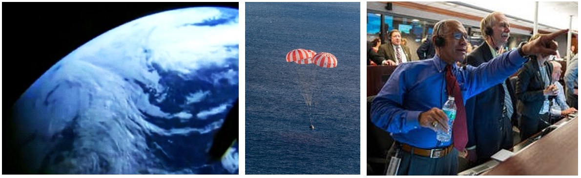 Left: View of Earth taken by a remote camera aboard Orion during EFT-1. Middle: The Orion capsule under its three main parachutes moments before splashdown in the Pacific Ocean. Right: NASA Administrator Charles Bolden (left) and NASA Associate Administrator for Human Exploration and Operations Bill Gerstenmaier monitor Orion’s splashdown from a control room at Cape Canaveral.