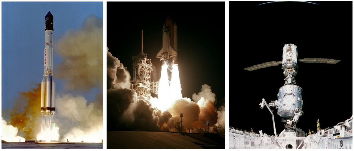 Left: Launch of the Zarya FCB from the Baikonur Cosmodrome. Middle: Launch of Space Shuttle Endeavour from NASA’s Kennedy Space Center on the STS-88 mission to deliver the Unity Node 1 module. Right: Zarya mated with Unity in the shuttle’s cargo bay, with astronauts outside making connections between the two modules. Image Credits: NASA