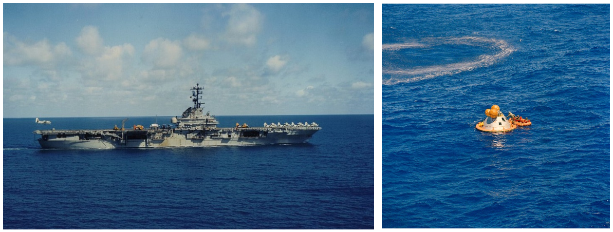 Left: The aircraft carrier USS Hornet CVS 12 as it appeared in December 1968. Image Credit: U.S. Navy. Right: Members of the U.S. Navy’s UDT 11 wearing BIGs and practicing special recovery procedures required for Apollo 11 by back contamination requirements