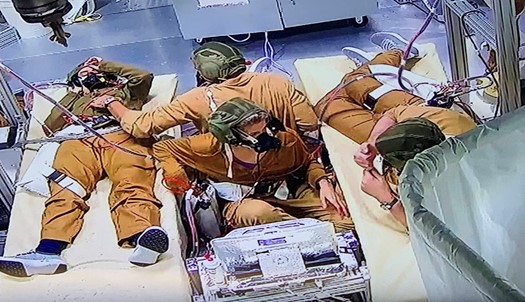 Four of the participants are pictured during a rest and doppler-monitoring phase of a simulated spacewalk. From left: Rihab Sadik, Brian Prejean, Karina Marshall Goebel, and Andrzej Stewart. Credits: Andrew Abercromby