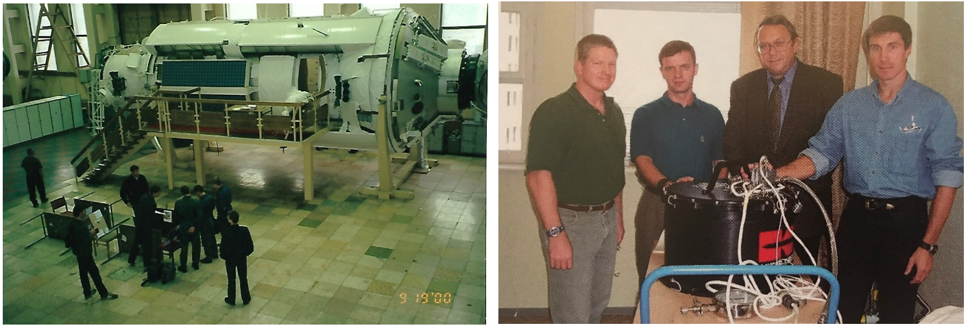 Left: Expedition 1 crew members in front of the Zarya module trainer at GCTC in Star City. Image courtesy Debbie Trainor. Right: Final familiarization with the PK-3 instrument in Moscow with Bill Shepherd, Yuri Gidzenko, Academician Vladimir Fortov, and Sergei Krikalev. Photo courtesy Institute of High-Energy Densities, Russian Academy of Sciences.