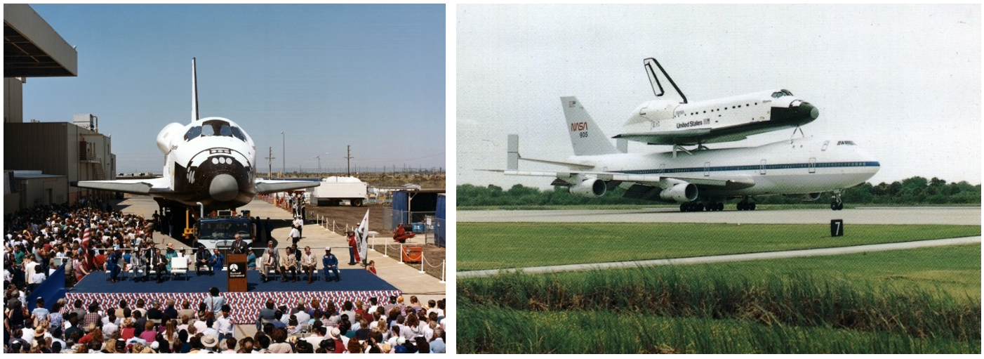  Left: Space Shuttle Atlantis rolls out of Rockwell’s Palmdale facility. Right: Atlantis, atop the SCA, lands at the Shuttle Landing Facility at NASA’s Kennedy Space Center. Credits: NASA