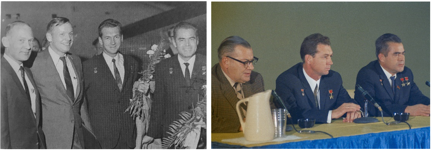 Left: Apollo 11 astronauts Edwin E. “Buzz” Aldrin, left, and Neil A. Armstrong with Soyuz 9 cosmonauts Vitali I. Sevastyanov and Andriyan G. Nikolayev upon their arrival at Washington’s National Airport.  Right: With the aid of interpreter Ivan K. Shklyar, left, Sevastyanov and Nikolayev hold a press conference at NASA Headquarters in Washington, D.C. Credits: NASA