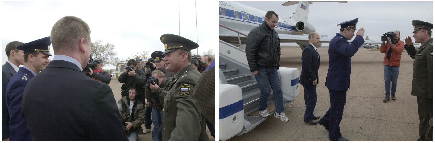 Left: The Expedition 1 prime crew of Sergei K. Krikalev, left, and Yuri P. Gidzenko, both of Roscosmos, and William M. Shepherd of NASA arrive at the Baikonur Cosmodrome in Kakazkhstan, greeted by Russian space officials. Right: The Expedition 1 backup crew of Mikhail V. Tyurin, left, of Roscosmos, Kenneth D. Bowersox of NASA, and Vladimir N. Dezhurov of Roscosmos upon their arrival at Baikonur. Credits: NASA/Bill Ingalls