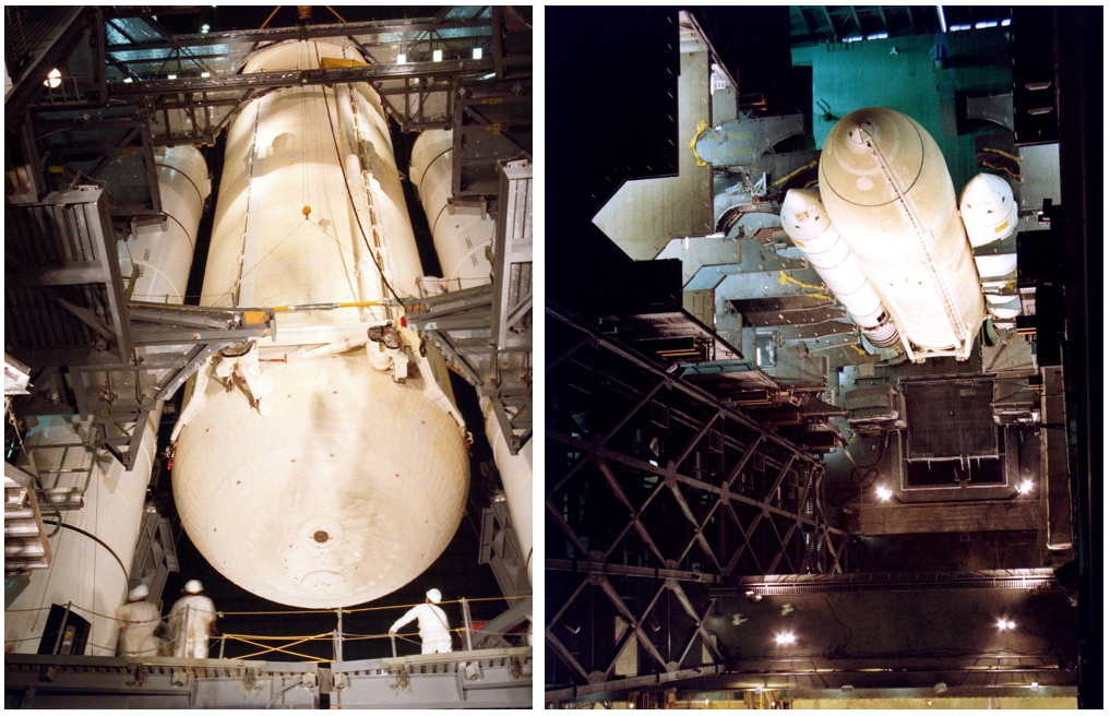 Left: Workers in the Vehicle Assembly Building at Kennedy lower the external tank before mating it with the two Solid Rocket Boosters (SRBs) on the Mobile Launch Platform (MLP). Right: The mated external tank/SRB stack on the MLP awaits the addition of the orbiter Columbia. Credits: NASA