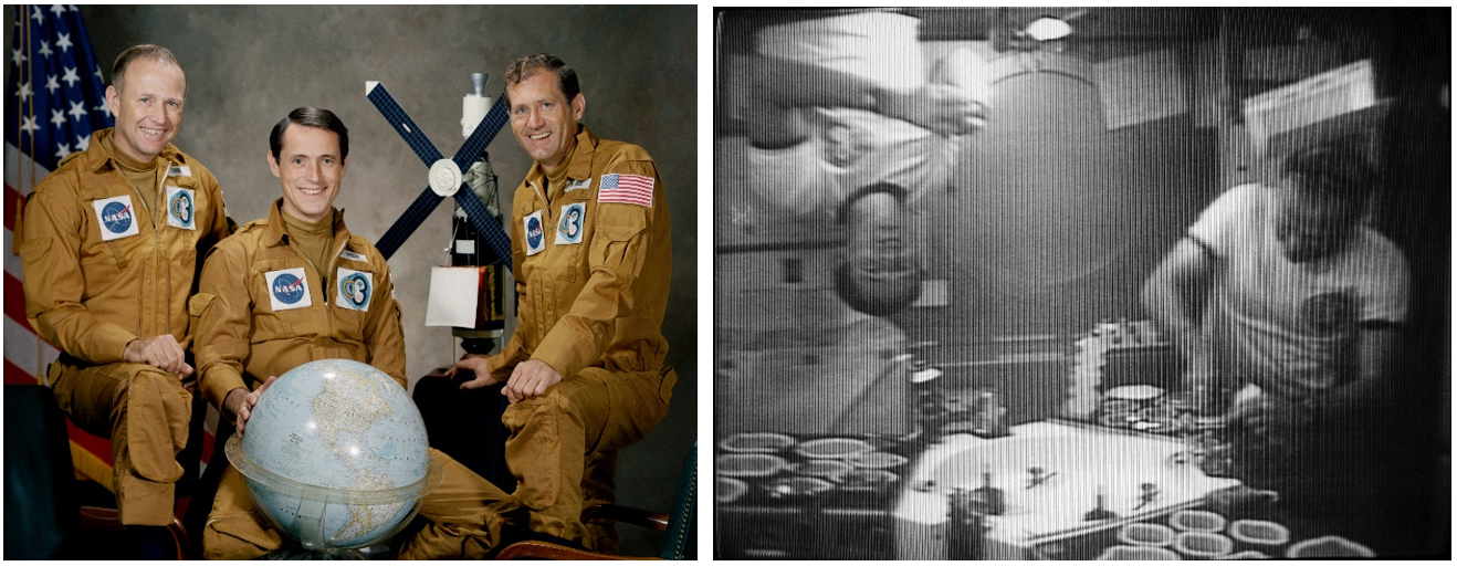 Thanksgiving 1973. Left: Skylab 4 astronauts Gerald P. Carr, Edward G. Gibson, and William R. Pogue, the first crew to celebrate Thanksgiving in space. Right: Gibson, left, and Carr demonstrate eating aboard Skylab. Credits: NASA