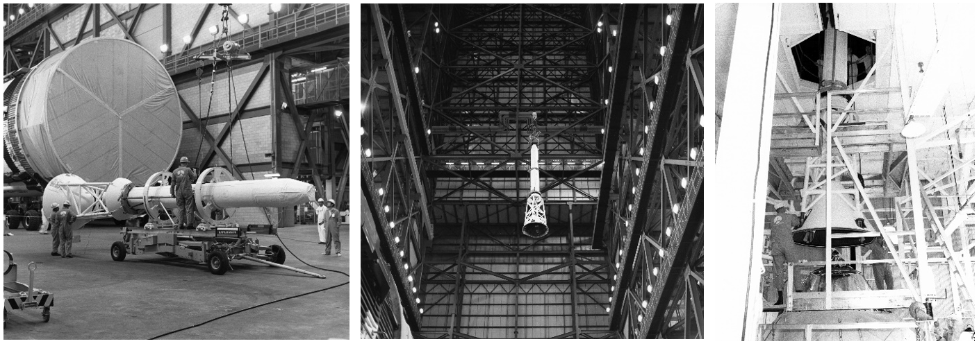 Left: Workers at NASA’s Kennedy Space Center prepare to lift the Launch Escape System (LES) tower to mount it atop the Apollo 14 Saturn V rocket. Middle: Workers lift the LES to place it atop the Apollo 14 Saturn V. Right: Workers lower the LES atop the Apollo 14 Command Module. Credits: NASA