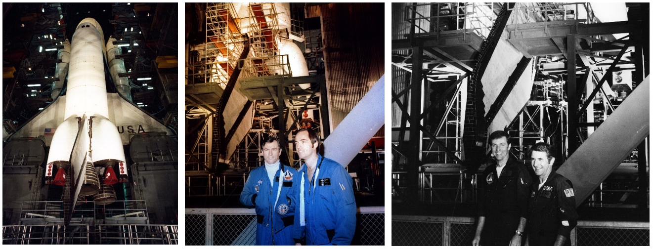 Left: Space shuttle Columbia on its Mobile Launch Platform inside the VAB at NASA’s Kennedy Space Center. Middle: STS-1 astronauts John W. Young, left, and Robert L. Crippen pose in front of Columbia in the VAB. Right: STS-1 backup crew of Joe H. Engle, left, and Richard H. Truly pose in front of Columbia in the VAB. Credits: NASA