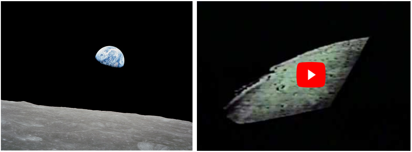 Left: The famous Earthrise photograph, taken by the Apollo 8 crew in lunar orbit. Right: Video of the Apollo 8 crew of Frank Borman, James A. Lovell, and William A. Anders reading from Genesis. Credits: NASA