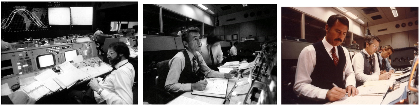 Left: Flight Director Neil B. Hutchinson during an STS-1 simulation. Middle: Flight Director Charles R. “Chuck” Lewis during a simulation for STS-1. Right: Flight Director Donald R. Puddy during an STS-1 simulation. Credits: NASA