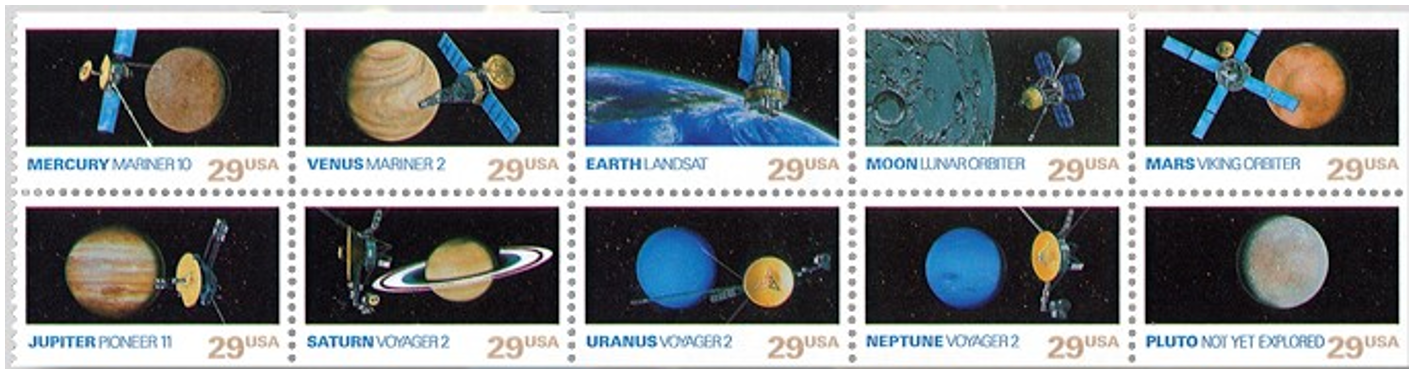 In 1991, the U.S. Postal Service released a set of stamps to commemorate planetary exploration, with the caption under Pluto reading “NOT YET EXPLORED.” Credits: U.S. Postal Service