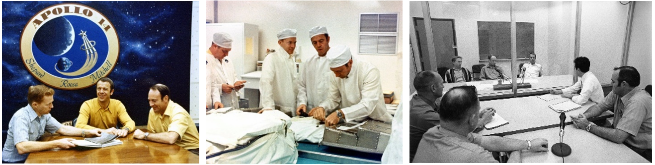 Left: Apollo 14 astronauts Stuart A. Roosa, left, Alan B. Shepard, and Edgar D. Mitchell review documents during the final week before their launch to the Moon. Middle: Roosa, left, Shepard, and Mitchell during the Command Module stowage review. Right: Behind glass during their preflight medical isolation, Roosa, left, Mitchell, and Shepard receive a mission briefing. Credits: NASA