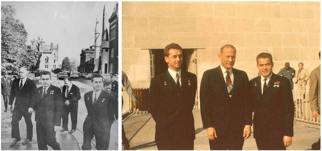 Left: Aldrin, left, with Nikolayev and Sevastyanov outside the Smithsonian Institution’s Aviation and Space Museum in Washington, D.C. Right: Sevastyanov, left, Aldrin, and Nikolayev at the Washington Monument. Credits: NASA