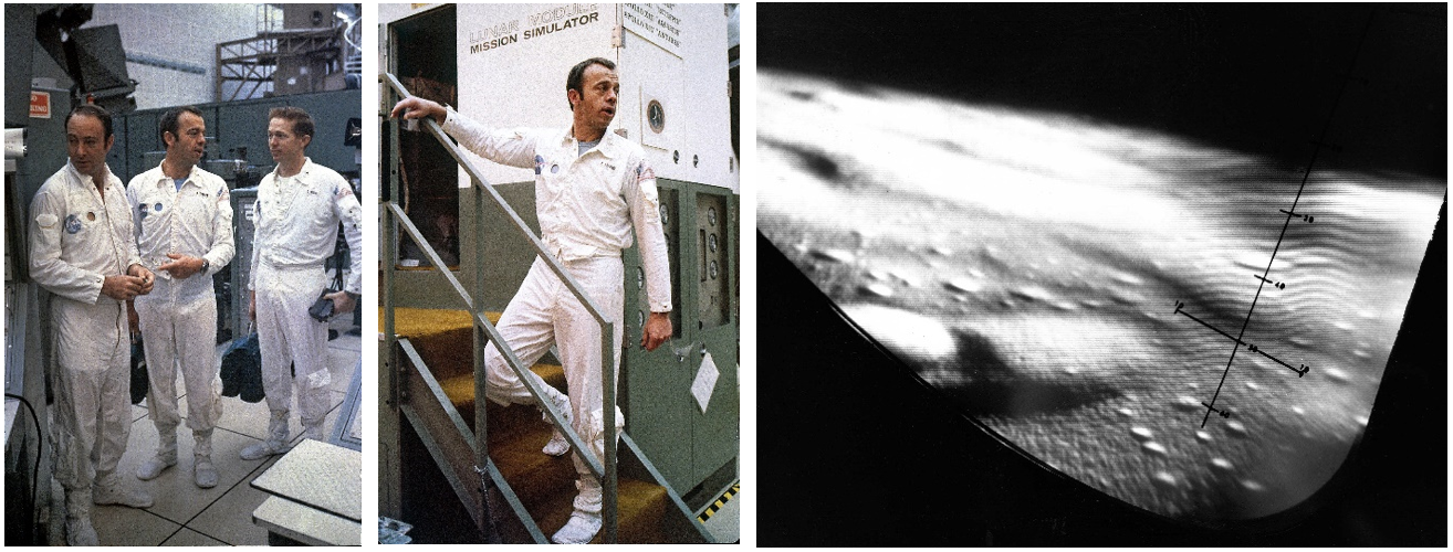 Left: Mitchell, left, Shepard, and Roosa outside the mission simulators at NASA’s Kennedy Space Center.  Middle: Shepard climbs the stairs to enter the Lunar Module simulator. Right: Inside the Lunar Module simulator, the view of the approach to the Fra Mauro landing site. Credits: NASA