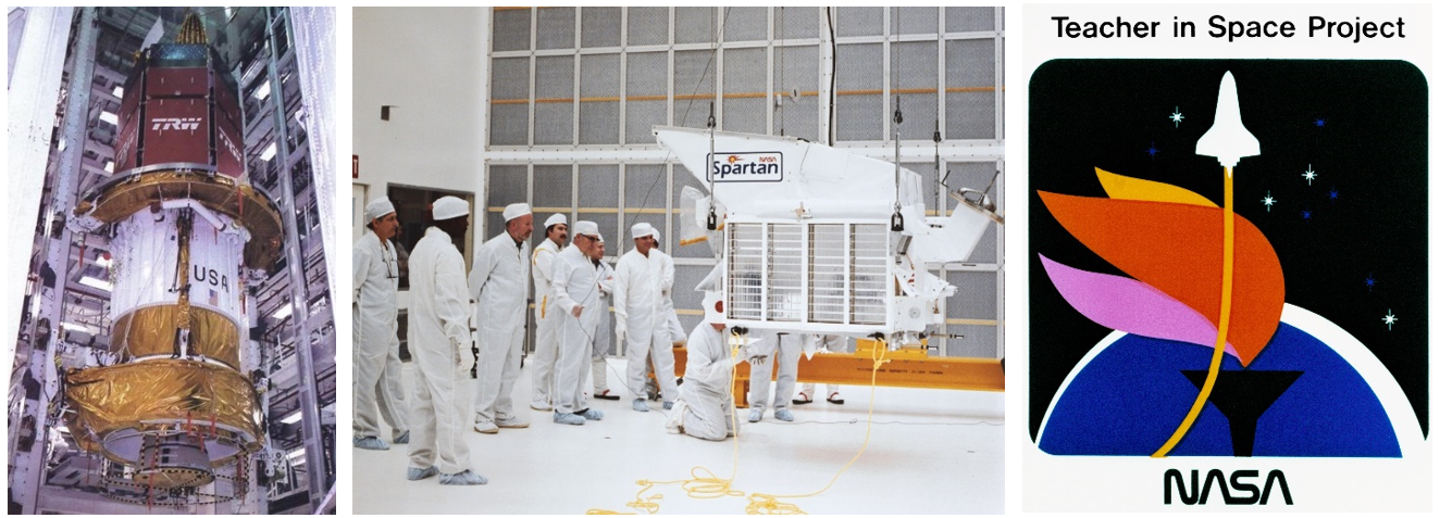 Left: At NASA’s Kennedy Space Center, engineers prepare the second Tracking and Data Relay System satellite for installation in Challenger’s payload bay. Middle: Engineers process the Spartan-Halley spacecraft before installation in Challenger’s payload bay. Right: The logo for NASA’s Teacher in Space program. Credits: NASA