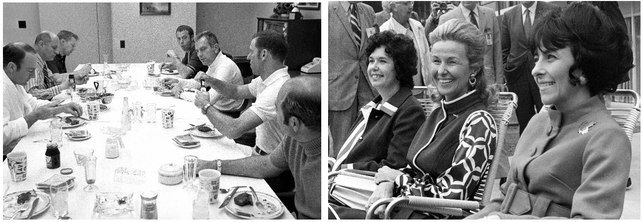 Left: At the traditional prelaunch breakfast are Mitchell, left, Chief of the Astronaut Office Thomas P. Stafford, Roosa, Shepard, Chief of Flight Crew Operations Donald K. “Deke” Slayton, backup Apollo 14 LM Pilot Joe H. Engle, and backup Apollo 14 Command Module Pilot Ronald E. Evans. Right: The wives of the Apollo 14 astronauts, Joan Roosa, left, Louise Shepard, and Louise Mitchell relax a few hours before the launch. Credits: NASA