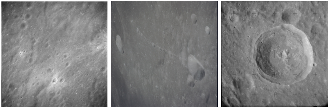 Left: Image of the Descartes region, a candidate landing site for the Apollo 16 mission. Middle: The Davy crater formation, also considered as a potential landing site for a future Apollo mission. Right: The Herschel Crater. Credits: NASA