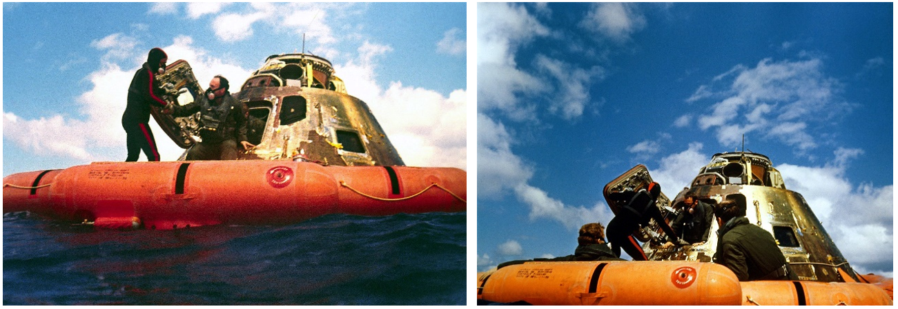 Left: Recovery swimmer assisting Apollo 14 astronaut Edgar D. Mitchell out of the CM Kitty Hawk and into the life raft, with Stuart A. Roosa right behind him. Right: Swimmer assists Alan B. Shepard out of the CM and into the life raft where Roosa, left, and Mitchell await him. Credits: NASA