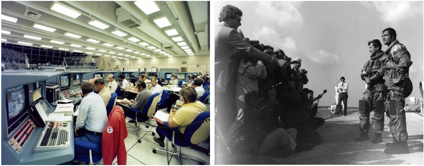 Left: At NASA’s Kennedy Space Center in Florida, controllers in the Launch Control Center’s Firing Room 1 monitor the dry CDT. Right: STS-1 astronauts John W. Young, left, and Robert L. Crippen talk to reporters after the conclusion of the CDT. Credits: NASA