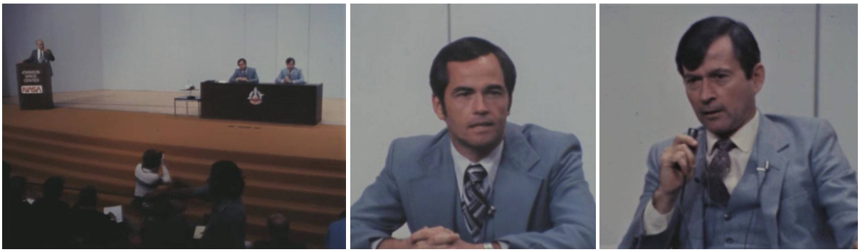 Left: STS-1 astronauts Robert L. Crippen, left, and John W. Young during the final preflight crew press conference in the main auditorium of NASA’s Johnson Space Center in Houston. Middle: Crippen answers a reporter’s question. Right: Young explains an aspect of their mission to a reporter. Credits: NASA