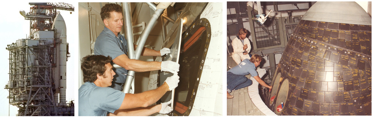 Left: Space Shuttle Columbia on Launch Pad 39A at NASA’s Kennedy Space Center in Florida, with the Rotating Service Structure (RSS) in place to allow workers to access the vehicle. Credits: NASA. Middle: Working inside the RSS, technicians Mike Parrish, left, and Albert Baumgartner remove the protective coverings from Columbia’s cockpit windows. Credits: Ed Hengeveld. Right: Inside the RSS, technicians Don Murray and Don Porterfield remove protective covers from the forward thruster nozzles in Columbia’s nose. Credits: Ed Hengeveld