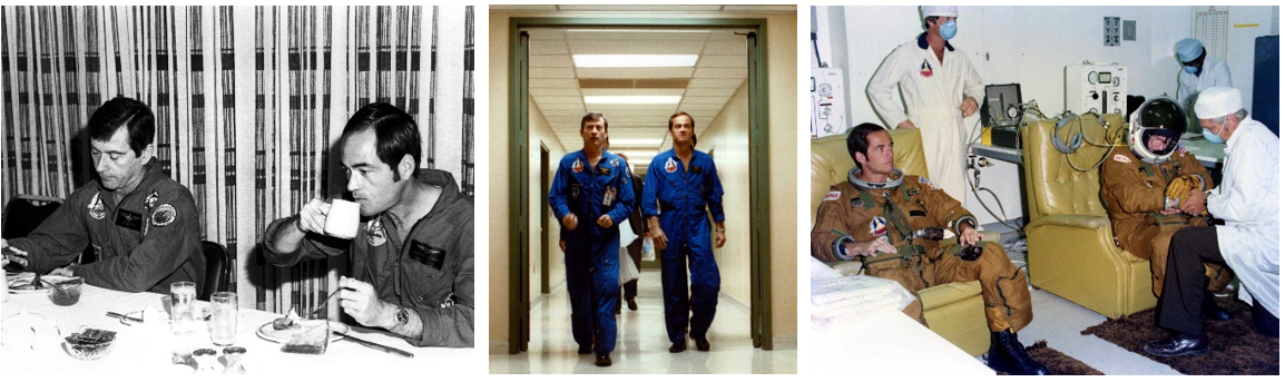 Left: STS-1 astronauts John W. Young, left, and Robert L. Crippen enjoying the traditional prelaunch breakfast on the morning of April 12, 1981, the second launch attempt. Middle: Following breakfast, Young, left, and Crippen walk down the hall to don their pressure suits. Right: Crippen, left, and Young donning their pressure suits prior to launch. Credits: NASA