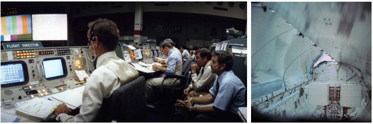 Left: View of the Mission Control Center at NASA’s Johnson Space Center in Houston, with Charles R. “Chuck” Lewis, left, at the flight director console, and STS-1 backup crew members Joe H. Engle and Richard H. Truly at right. Right: Closing of Columbia’s payload bay doors in preparation for re-entry. Credits: NASA