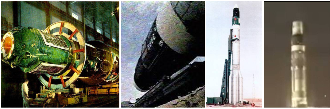 Left: The Salyut space station in the assembly and checkout building at the Baikonur Cosmodrome in Kazakhstan; for launch, a cover protected the scientific instruments in the aperture of the module’s large compartment at right. Middle left: The Salyut space station, with the name Zarya painted on its side, rolls out to the launch pad. Middle right: At Site 81, ground crews raised the Proton rocket carrying the Salyut space station to a vertical position on the launch pad. Right: Liftoff of the Salyut space station. Credits: Images courtesy of RKK Energia.