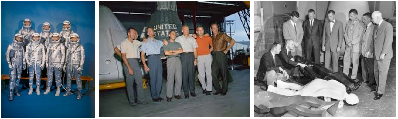 Left: Group photo of the Mercury 7 astronauts. Middle: The Mercury 7 astronauts pose in front of a Mercury capsule. Right: Leader of the Space Task Group, Robert R. Gilruth, right, with the Mercury 7 astronauts. Credits: NASA