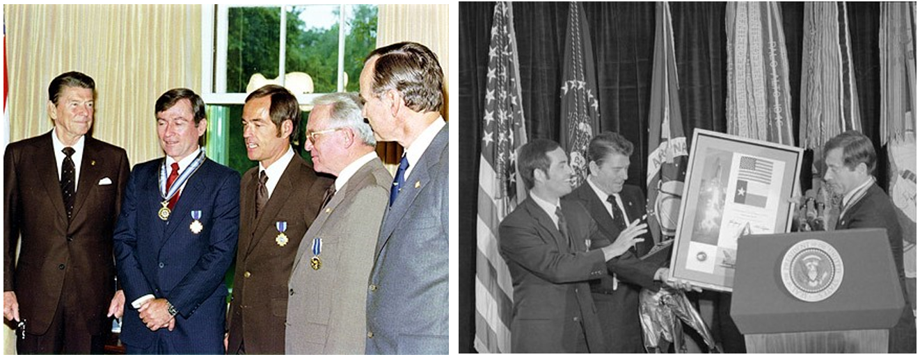 Left: In the White House, President Ronald W. Reagan, left, STS-1 Commander John W. Young, STS-1 Pilot Robert L. Crippen, NASA Administrator Alan M. Lovelace, and Vice President George H.W. Bush. Right: At the White House, Crippen, left, and Young present President Reagan with a signed photo montage to commemorate their historic mission. Credits: NASA