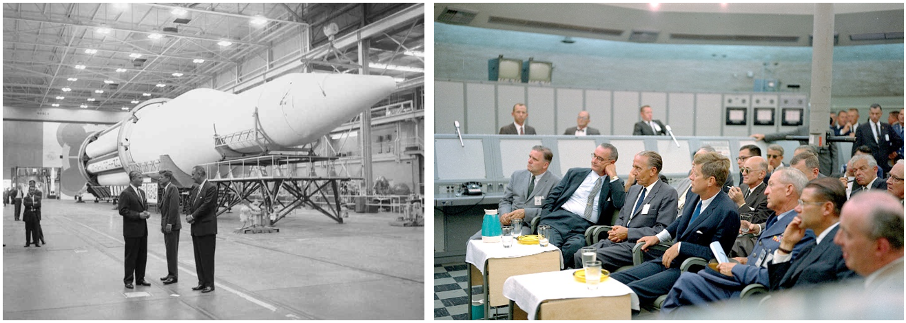 Left: At NASA’s Marshall Space Flight Center in Huntsville, Alabama, Center Director Wernher von Braun, left, describes the Saturn 1 rocket to President John F. Kennedy and Vice President Lyndon B. Johnson. Right: At Cape Canaveral, Florida, President Kennedy, fourth from left, listens to a briefing in the blockhouse at Launch Complex 34. Credits: NASA