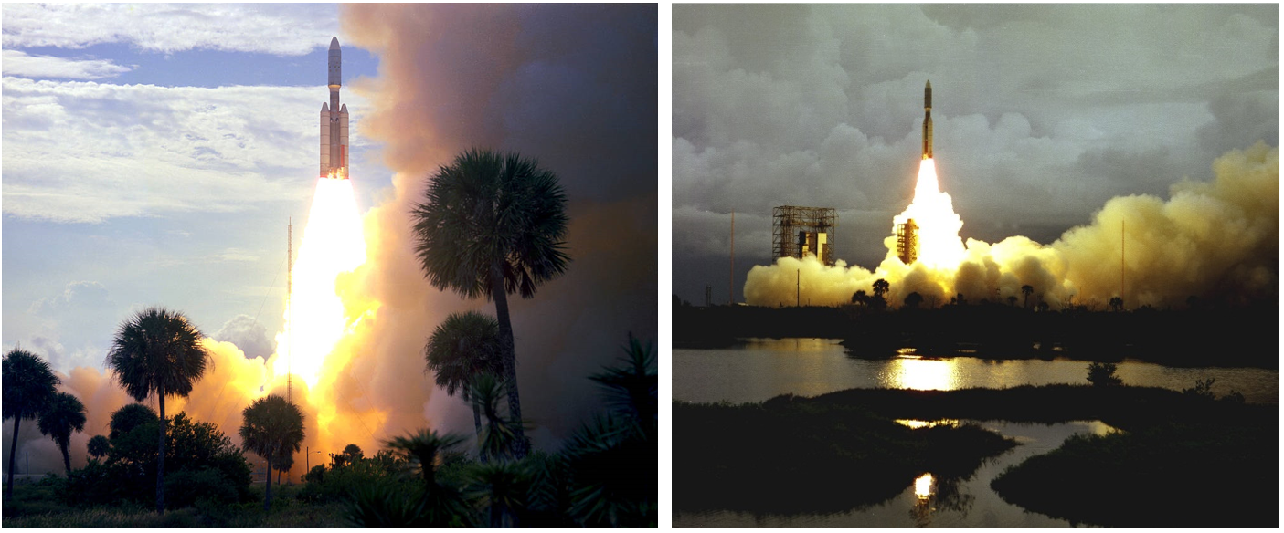 Launches of Viking 1, left, and Viking 2 from Launch Pad 41 at the Cape Canaveral Air Force Station, now the Cape Canaveral Space Force Station, in Florida. Credits: NASA