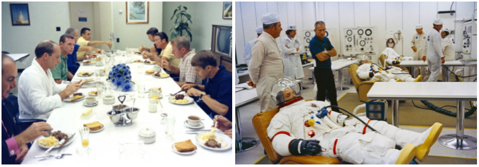 Left: At the traditional prelaunch breakfast, Apollo 15 astronauts David R. Scott, Alfred M. Worden, and James Irwin are joined by backup and support astronauts and managers. Right: Apollo 15 astronauts Scott, left, Irwin, and Worden suiting up prior to their launch.