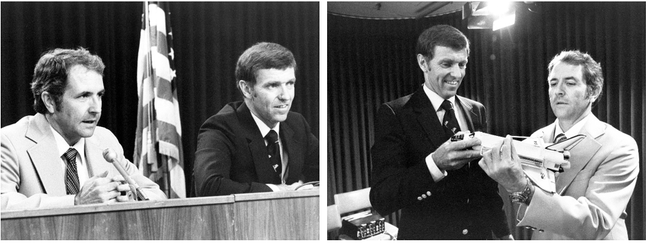 Left: STS-2 astronauts Richard H. Truly, left, and Joe H. Engle answer reporters’ questions during the preflight press conference. Right: Engle, left, and Truly demonstrate space shuttle components to reporters during the preflight press conference. Credits: NASA