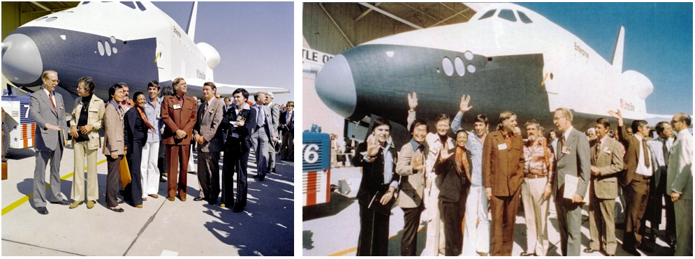 Left: The creator and cast members of Star Trek attend the September 1976 rollout of Space Shuttle Enterprise with NASA Administrator James C. Fletcher, left. Right: Several of the cast members give the Vulcan greeting in front of Enterprise. Credits: NASA