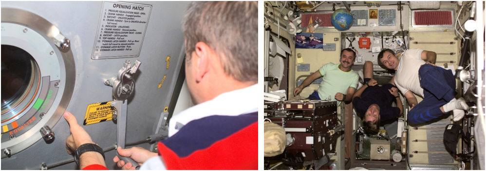 Left: Expedition 3 Commander Frank L. Culbertson closing the space station’s hatch prior to the departure of Discovery on Aug. 20, 2001. Right: Expedition 3 crew members Mikhail V. Tyurin, left, Culbertson, and Vladimir N. Dezhurov have the space station all to themselves after the departure of the space shuttle. Credits: NASA