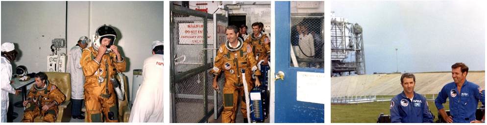 Left: At Kennedy, STS-2 astronauts Richard H. Truly, left, and Joe H. Engle suit up for the countdown demonstration test. Middle: Truly, left, and Engle leave the White Room at Launch Pad 39A after the conclusion of the countdown demonstration test. Right: Truly, left, and Engle talk to reporters at Launch Pad 39A following the countdown demonstration test. Credits: NASA