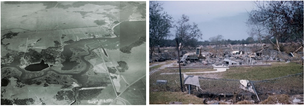 Left: Aerial view of the Clear Lake area, with the site of the future Manned Spacecraft Center, now NASA’s Johnson Space Center in Houston, at top center of the photograph. Right: Scene of devastation left by Hurricane Carla in September 1961. Credits: NASA