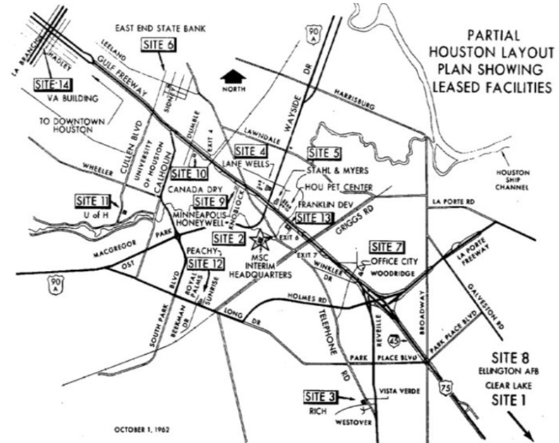 Map of southeast Houston showing the locations of the temporary sites used by NASA’s Manned Spacecraft Center while the Clear Lake center (Site 1) was under construction.