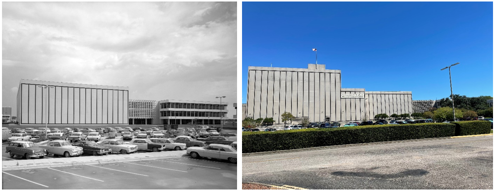 Then and now. Left: The Mission Control Center as it appeared in June 1964. Right: The MCC in September 2021, showing the addition of the five-story station operations wing on the left side of the image. Credits: NASA