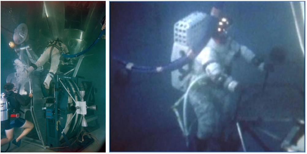 Left: Astronaut M. Scott Carpenter demonstrating contingency external transfer from the Apollo Lunar Module to the Command Module in the Water Immersion Facility, or WIF, in Building 5 in 1967. Right: Apollo 11 astronaut Neil A. Armstrong’s suit is weighted to simulate lunar one-sixth gravity in the WIF in April 1969. Credits: NASA