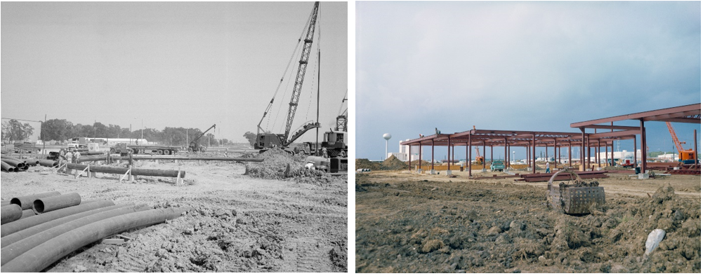 Left: Ground preparation for the Building 37 site in September 1966. Right: The initial steel structure in place for Building 37 in October 1966. Credits: NASA